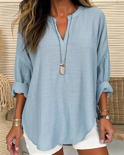 Women’s Long Sleeve Shirt – Cotton Linen Blend – Relaxed Fit – Stand Collar Casual Top