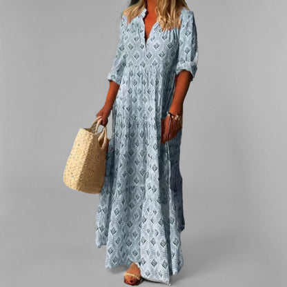 Women’s Maxi Dress - Loose Fit – V-Neck – Vintage Print – 3/4 Sleeve