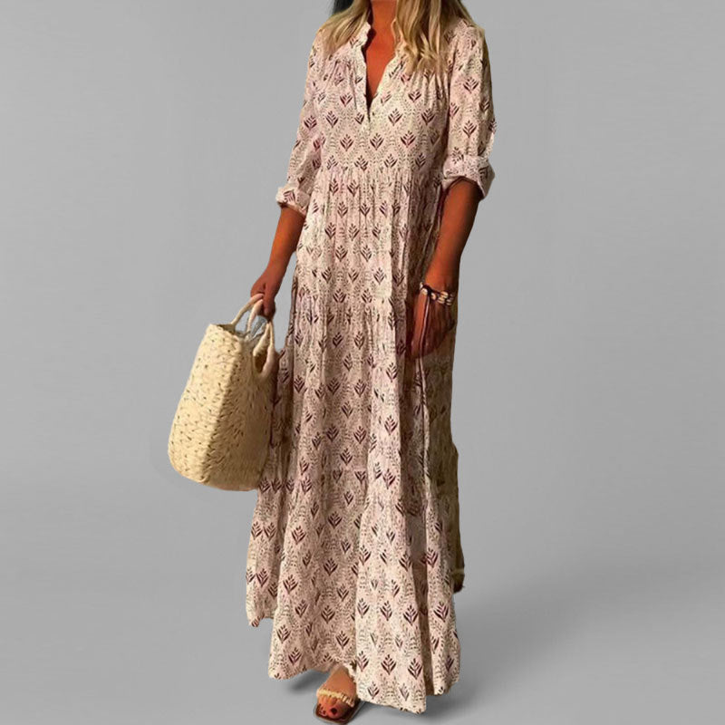 Women’s Maxi Dress - Loose Fit – V-Neck – Vintage Print – 3/4 Sleeve