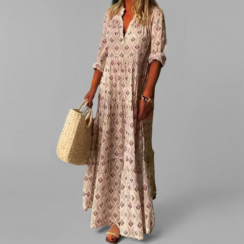 Women’s Maxi Dress - Loose Fit – V-Neck – Vintage Print – 3/4 Sleeve