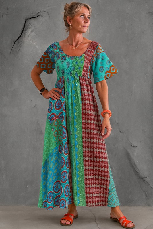 Boho Patchwork Maxi Dress – Vibrant Ethnic Print, Flowy Fit