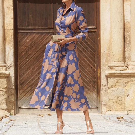 Women's Shirt Dress - Long Sleeve Button Down - Floral Print - Belted Waist