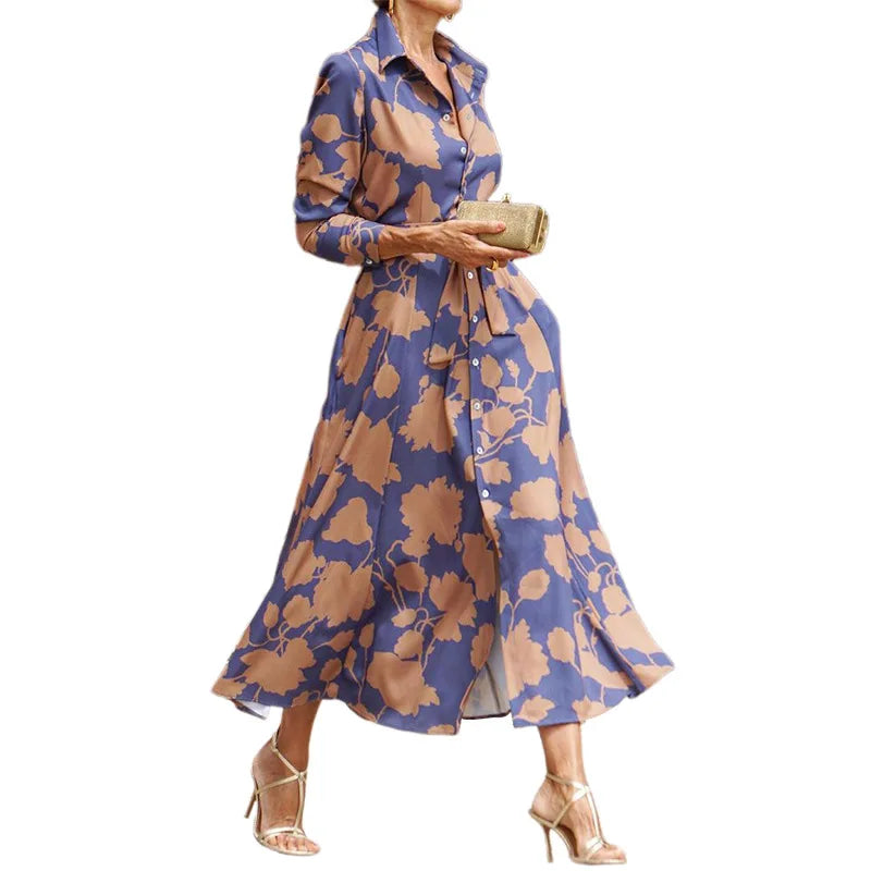 Women's Shirt Dress - Long Sleeve Button Down - Floral Print - Belted Waist