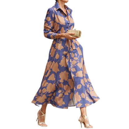 Women's Shirt Dress - Long Sleeve Button Down - Floral Print - Belted Waist