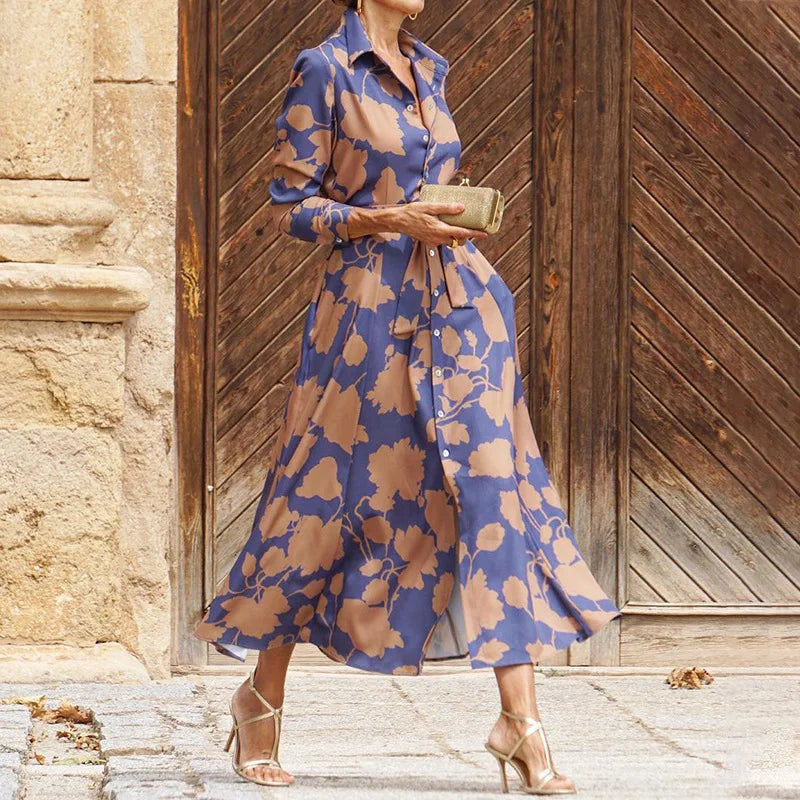 Women's Shirt Dress - Long Sleeve Button Down - Floral Print - Belted Waist