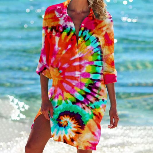 Women's Boho Short Dress - Flowy Lightweight Fabric - V-Neck Casual Wear