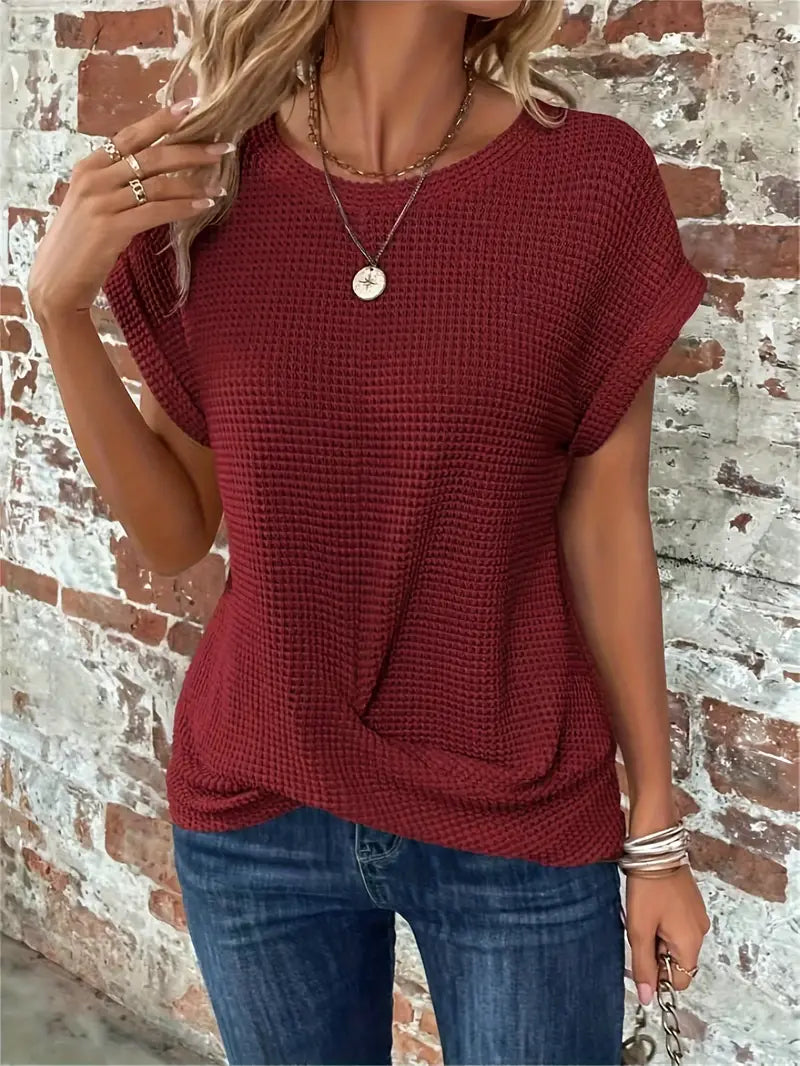 Women's Knit Top - Waffle Texture - Loose Fit - Round Neck - Breathable Casual Wear