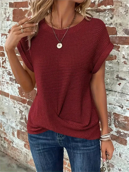 Women's Knit Top - Waffle Texture - Loose Fit - Round Neck - Breathable Casual Wear
