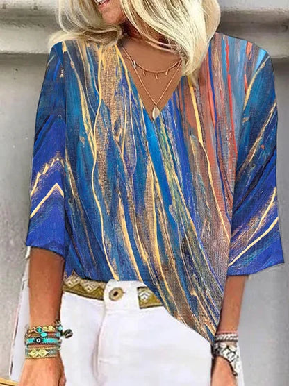 Diana - Blusa Mujer Manga 3/4 Cuello V Abstracto Floral Colorido Verano