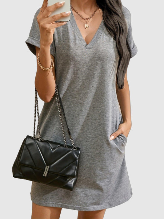 Elegant V-Neck Short Sleeve Dress with Pockets - Lightweight Casual Spring/Summer Style