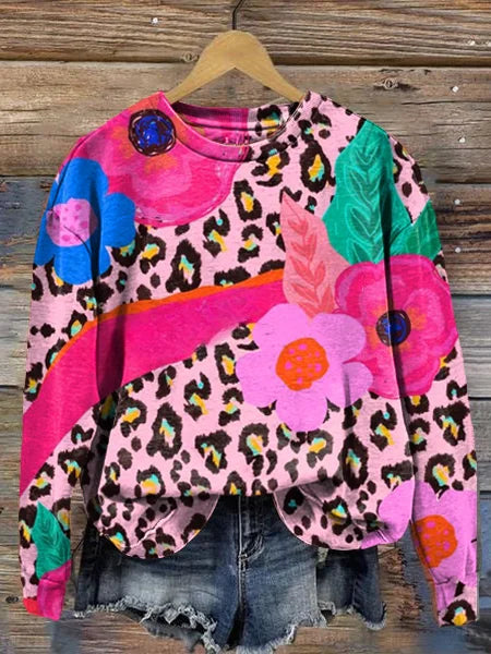 Sudadera de manga larga con estampado de flores de leopardo rosa y cuello redondo