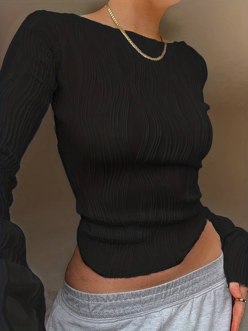 Women's Fitted Top - 3D Textured Pattern - High Neck - Long Sleeve Stretch Fabric