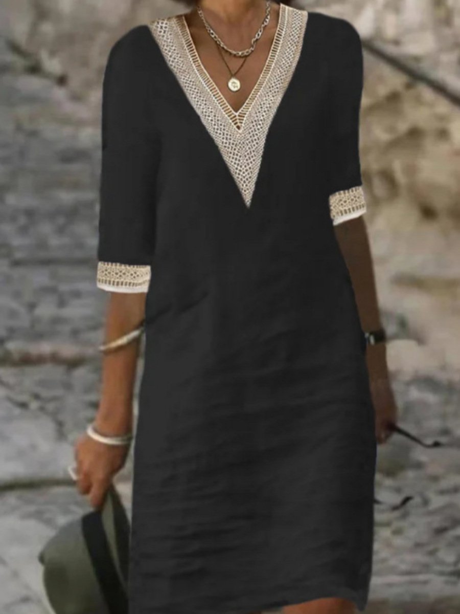 Women's Casual Dress - V-Neck Lace Trim - Relaxed Fit 3/4 Sleeve