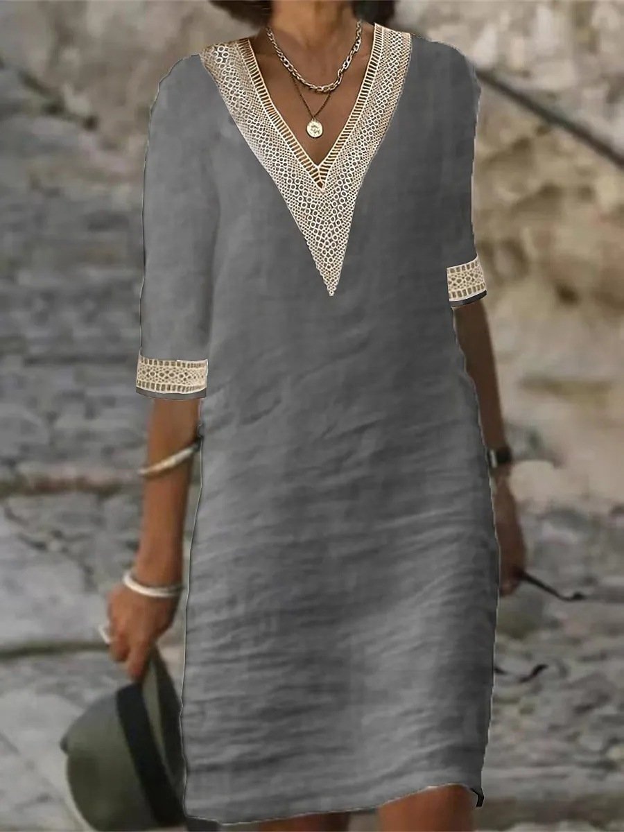 Women's Casual Dress - V-Neck Lace Trim - Relaxed Fit 3/4 Sleeve