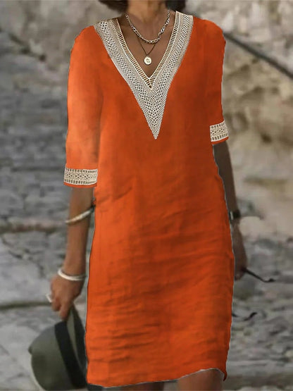 Women's Casual Dress - V-Neck Lace Trim - Relaxed Fit 3/4 Sleeve