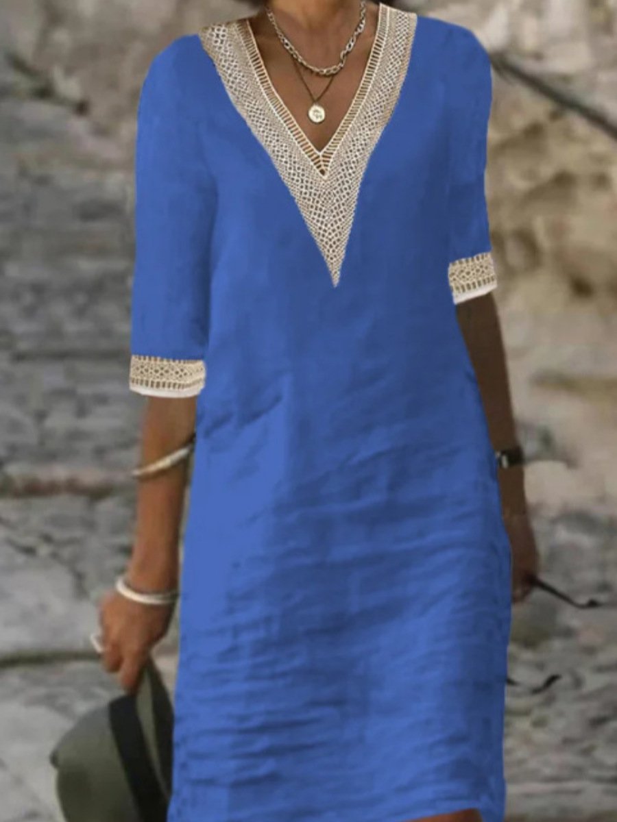 Women's Casual Dress - V-Neck Lace Trim - Relaxed Fit 3/4 Sleeve