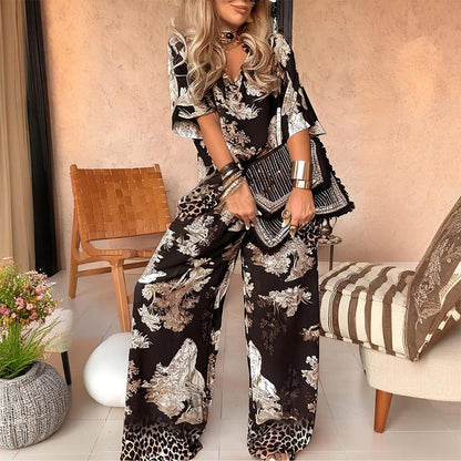 Top con escote en V + pantalones largos – estilo elegante y ligero para el verano