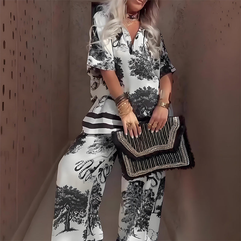 Top con escote en V + pantalones largos – estilo elegante y ligero para el verano