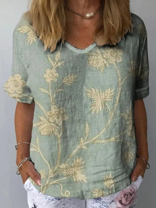 Camisa casual de mujer con estampado floral retro en algodón y lino